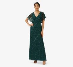 Adrianna Papell Hand-Beaded 3D Floral Blouson Long Gown In Dusty Emerald