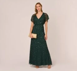 Adrianna Papell Hand-Beaded 3D Floral Blouson Long Gown In Dusty Emerald -Allure Attire AP1E209936 AA302 Regular Side
