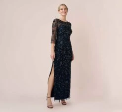 Adrianna Papell Hand-Beaded Illusion Long Column Gown In Midnight