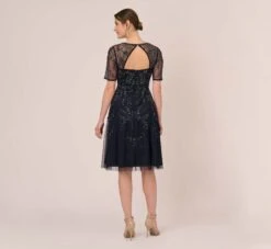 Adrianna Papell Beaded Midi Dress With Sheer Short Sleeves In Midnight -Allure Attire AP1E209973 AG410 Regular Back