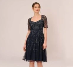 Adrianna Papell Beaded Midi Dress With Sheer Short Sleeves In Midnight