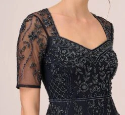Adrianna Papell Beaded Midi Dress With Sheer Short Sleeves In Midnight -Allure Attire AP1E209973 AG410 Regular Detail