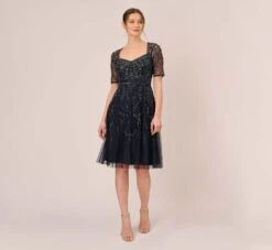 Adrianna Papell Beaded Midi Dress With Sheer Short Sleeves In Midnight -Allure Attire AP1E209973 AG410 Regular Front