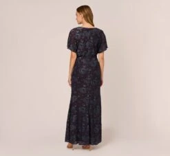 Adrianna Papell Floral Burnout Velvet Long Blouson Gown In Midnight 10 Adrianna Papell Floral Burnout Velvet Long Blouson Gown In Midnight -Allure Attire AP1E209986 AB411 Regular Back