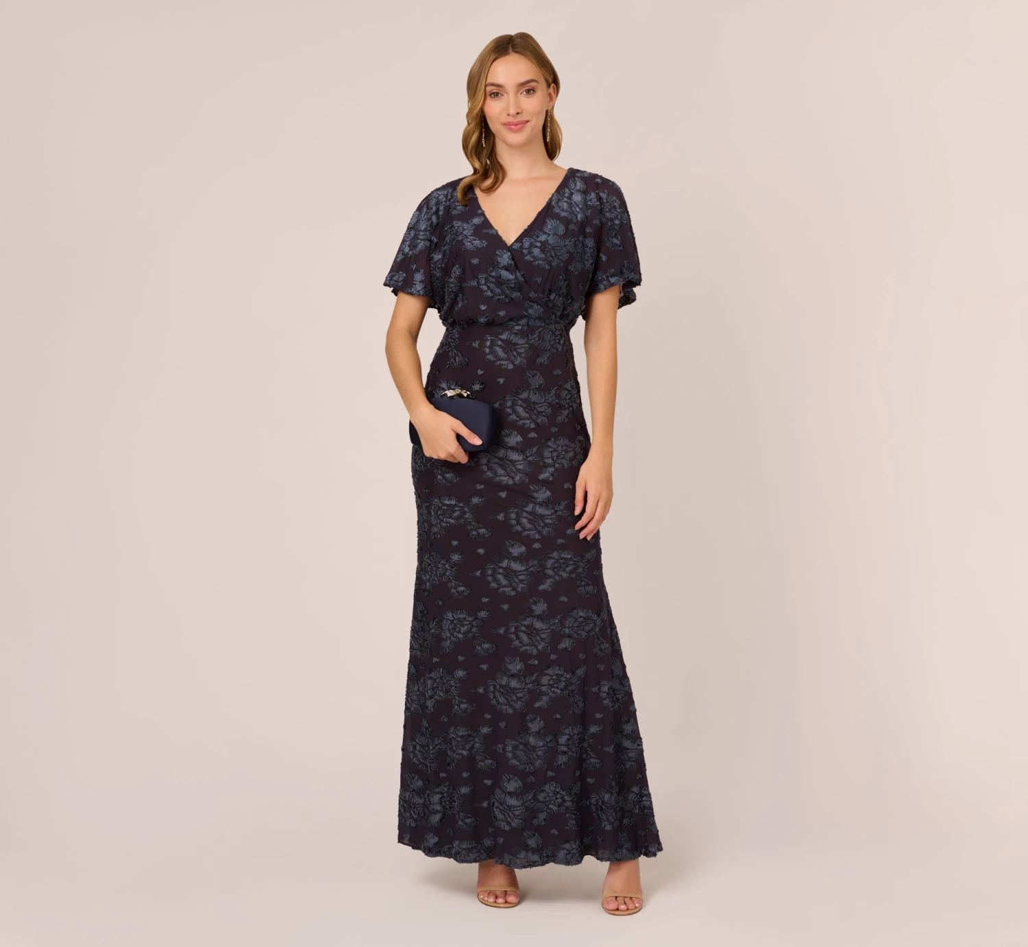 Adrianna Papell Floral Burnout Velvet Long Blouson Gown In Midnight 2 Adrianna Papell Floral Burnout Velvet Long Blouson Gown In Midnight - Image 2