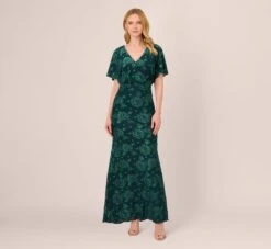 Adrianna Papell Floral Burnout Velvet Long Blouson Gown In Hunter