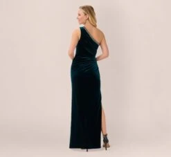 Adrianna Papell Velvet One Shoulder Gown With Beaded Neckline In Hunter -Allure Attire AP1E209998 AE303 Regular Back 6e03f085 c33f 4448 8d30 9a7bfffab85c