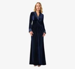 Adrianna Papell Velvet And Charmeuse Twist Front Long Tuxedo Gown In Midnight