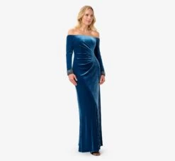 Adrianna Papell Velvet Off-The-Shoulder Long Gown With Hand-Beaded Cuff In Ocean Wave -Allure Attire AP1E210008 AU473 Regular Alternate