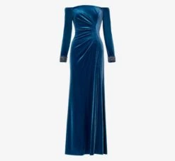 Adrianna Papell Velvet Off-The-Shoulder Long Gown With Hand-Beaded Cuff In Ocean Wave -Allure Attire AP1E210008 AU473 Regular Flat