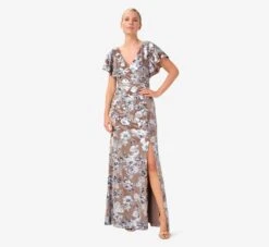 Adrianna Papell Foil Floral-Print Velvet Long Gown In Taupe