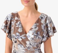 Adrianna Papell Foil Floral-Print Velvet Long Gown In Taupe -Allure Attire AP1E210012 AA254 Regular Detail