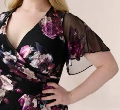 Adrianna Papell Plus Size Foiled Floral-Print Mesh Midi-Length Cocktail Dress In Black Multi -Allure Attire AP1E210014 AA960 Plus Detail