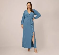 Adrianna Papell Plus Size Jersey Faux Wrap Gown With Cascading Ruffle And Slit In Bluebird