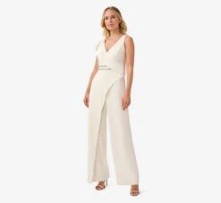 Adrianna Papell Ruffled Crepe Jumpsuit With Crystal Trim In Ivory