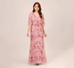 Adrianna Papell Floral-Print And Hand-Beaded Mesh Long Gown In Blush Multi