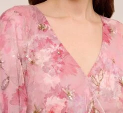 Adrianna Papell Floral-Print And Hand-Beaded Mesh Long Gown In Blush Multi -Allure Attire AP1E210055 AM970 Regular Side