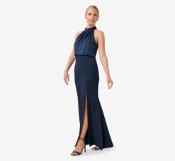 Adrianna Papell Satin Crepe Blouson Halter Long Gown In Dark Navy -Allure Attire AP1E210064 AB010 Regular Alternate
