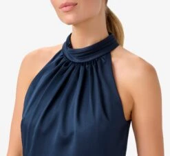 Adrianna Papell Satin Crepe Blouson Halter Long Gown In Dark Navy -Allure Attire AP1E210064 AB010 Regular Detail