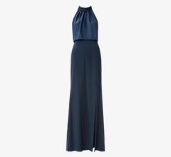 Adrianna Papell Satin Crepe Blouson Halter Long Gown In Dark Navy -Allure Attire AP1E210064 AB010 Regular Flat