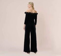 Adrianna Papell Off-The-Shoulder Velvet Blouson Jumpsuit With Satin Rosettes In Black -Allure Attire AP1E210067 AA002 Regular Back