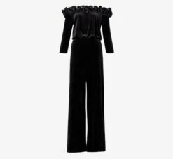 Adrianna Papell Off-The-Shoulder Velvet Blouson Jumpsuit With Satin Rosettes In Black -Allure Attire AP1E210067 AA002 Regular Flat