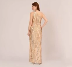 Adrianna Papell One Shoulder Abstract Sequin Gown In Champagne Gold Multi -Allure Attire AP1E210092 AR298 Regular Back