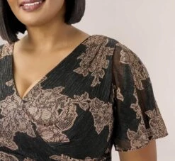 Adrianna Papell Plus Size Metallic Foil Crinkled Mesh Midi-Length Wrap Dress In Rose Gold Black -Allure Attire AP1E210096 AA695 Plus Detail