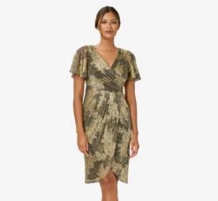 Adrianna Papell Metallic Foil Crinkled Mesh Midi-Length Wrap Dress In Gold Black