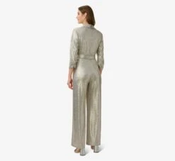 Adrianna Papell Foiled Stretch Jersey Tuxedo Jumpsuit In Light Gold -Allure Attire AP1E210104 AA267 Regular Back