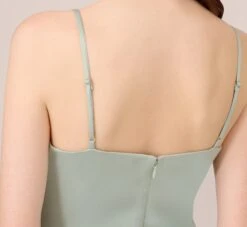 Adrianna Papell Satin Midi-Length Fit-And-Flare Cocktail Dress With Cowl Neck In Willow -Allure Attire AP1E210107 AC057 Regular Lifestyle