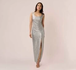 Adrianna Papell Foiled Stretch Jersey Long Column Gown In Light Gold