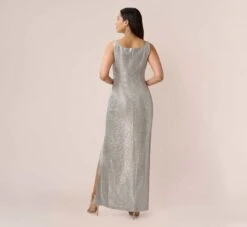 Adrianna Papell Foiled Stretch Jersey Long Column Gown In Light Gold -Allure Attire AP1E210108 AA267 Regular Back