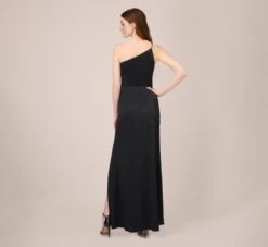 Adrianna Papell Satin Crepe One-Shoulder Long Gown In Black -Allure Attire AP1E210135 AA002 Regular Back