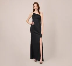 Adrianna Papell Satin Crepe One-Shoulder Long Gown In Black