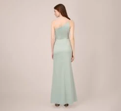 Adrianna Papell Satin Crepe One-Shoulder Long Gown In Willow -Allure Attire AP1E210135 AC057 Regular Back