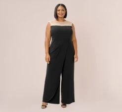 Adrianna Papell Plus Size Pearl Embellished Jersey Jumpsuit In Black