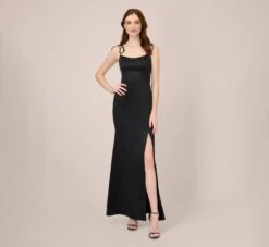 Adrianna Papell Satin Crepe Long Gown In Black