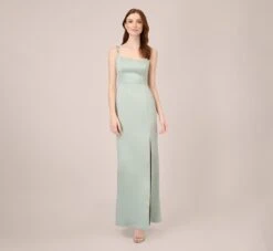 Adrianna Papell Satin Crepe Long Gown In Willow