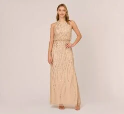 Adrianna Papell Hand-Beaded Halter Blouson Long Gown In Nude