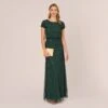 Adrianna Papell Hand-Beaded Blouson Long Gown In Dusty Emerald