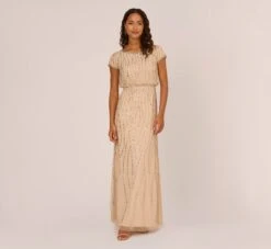 Adrianna Papell Hand-Beaded Blouson Long Gown In Nude