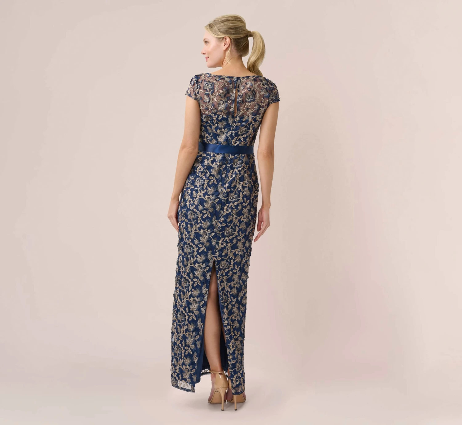 Adrianna Papell 3D Metallic Floral Embroidered Mesh Column Gown In Navy Rosegold 2 Adrianna Papell 3D Metallic Floral Embroidered Mesh Column Gown In Navy Rosegold - Image 2
