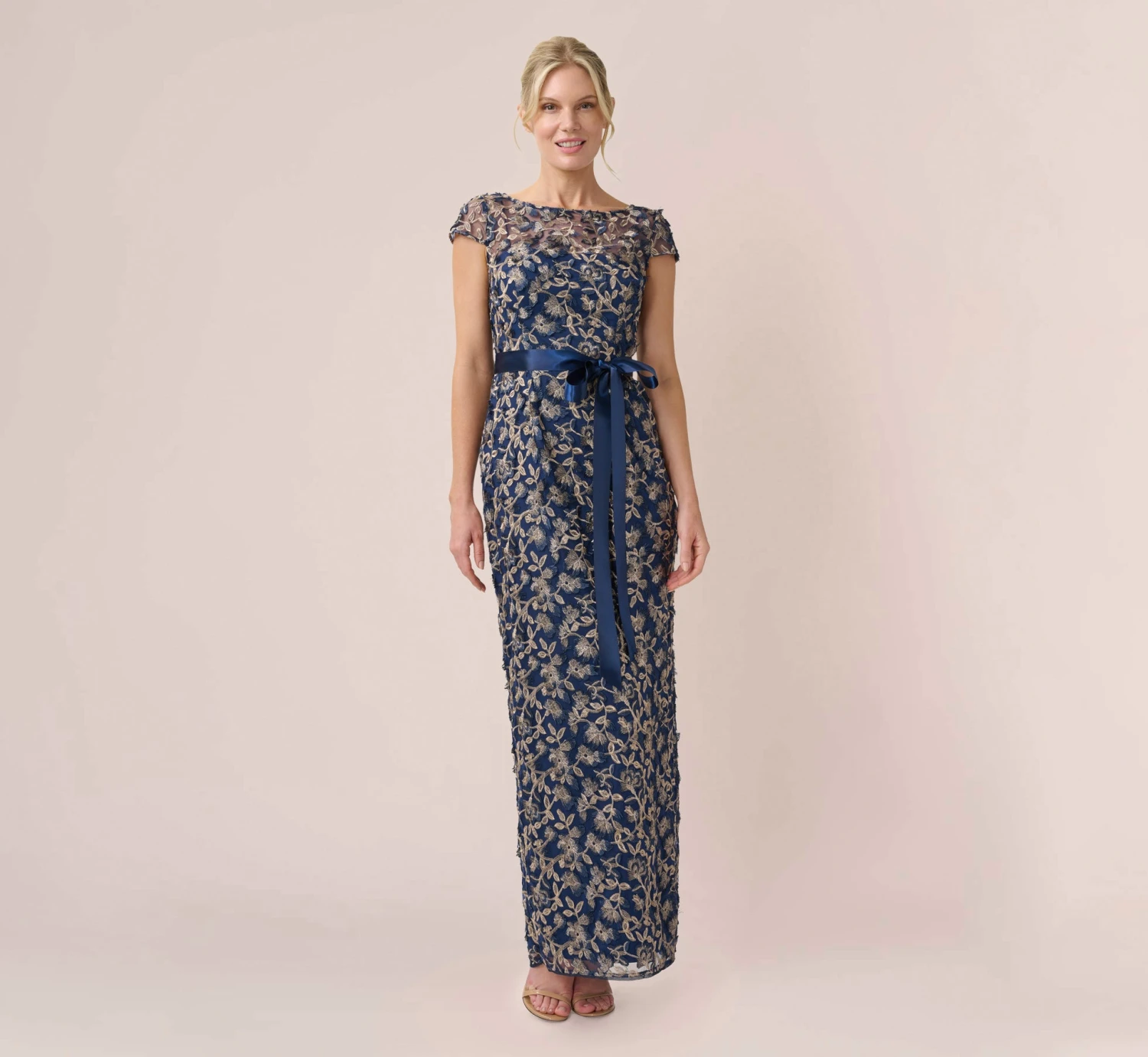 Adrianna Papell 3D Metallic Floral Embroidered Mesh Column Gown In Navy Rosegold 1 Adrianna Papell 3D Metallic Floral Embroidered Mesh Column Gown In Navy Rosegold