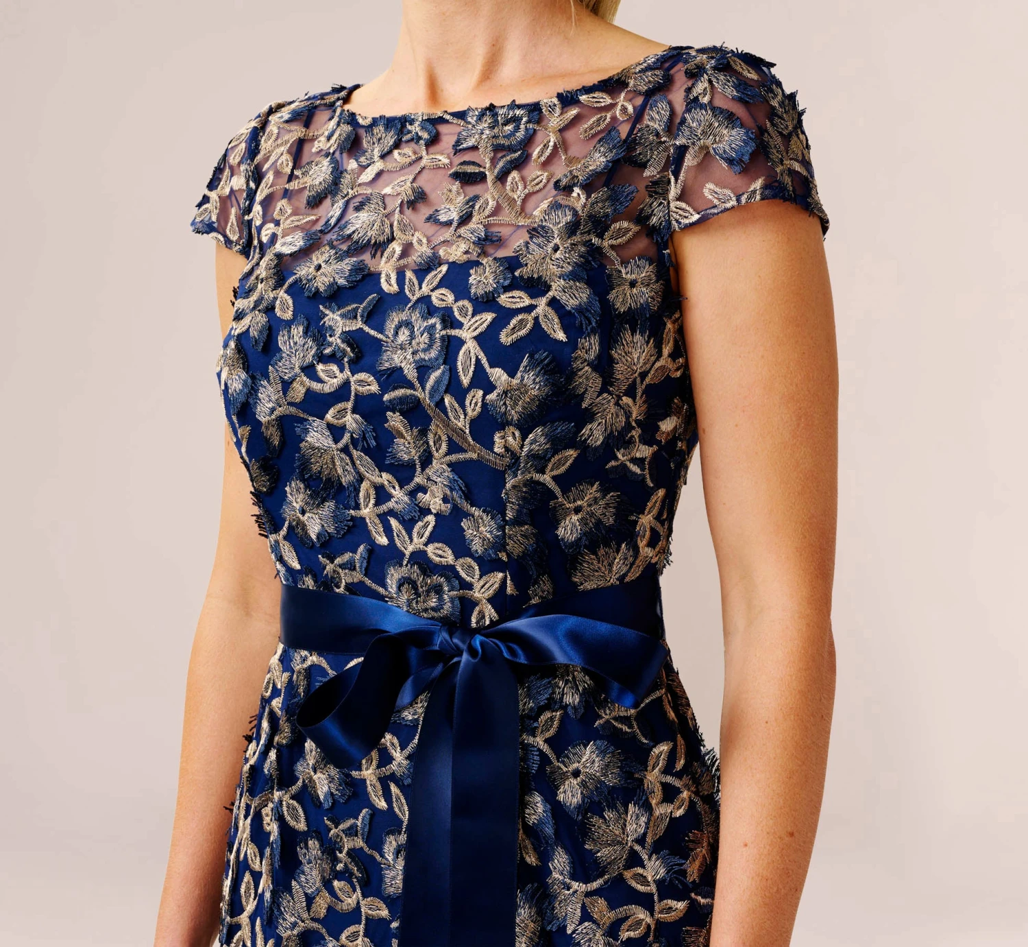 Adrianna Papell 3D Metallic Floral Embroidered Mesh Column Gown In Navy Rosegold 3 Adrianna Papell 3D Metallic Floral Embroidered Mesh Column Gown In Navy Rosegold - Image 3