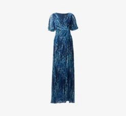 Adrianna Papell Floral-Print Metallic Crinkled Mesh Faux Wrap Long Gown In Navy Multi -Allure Attire AP1E210171 AD411 Regular Flat