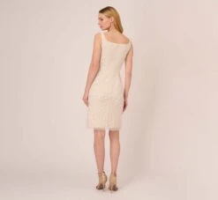 Adrianna Papell Sequin Beaded Dress With Square Neckline In Ivory Pearl -Allure Attire AP1E210204 AG105 Regular Back
