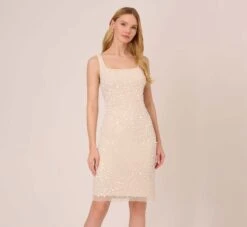 Adrianna Papell Sequin Beaded Dress With Square Neckline In Ivory Pearl