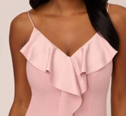 Adrianna Papell Satin Crepe Ruffle Front Long Gown In Steel Rose -Allure Attire AP1E210210 BA696 Regular Detail