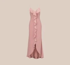 Adrianna Papell Satin Crepe Ruffle Front Long Gown In Steel Rose -Allure Attire AP1E210210 BA696 Regular Flat